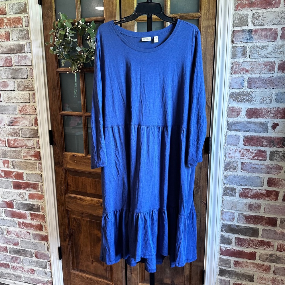 LOGO Lori Goldstein Tiered Midi Dress Womens 1XP Blue Long Sleeve Pockets Cotton